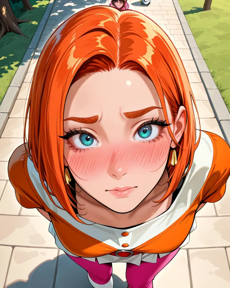 Candace Flynn,  orange hair, por lo ancho, Annoying, blushing,  In your backyard, Orange blouse,  white skirt ,  pink pants ,   white thigh-length socks ,  from above her head, Returning , get your butt up,  look at the viewer . red belt. 