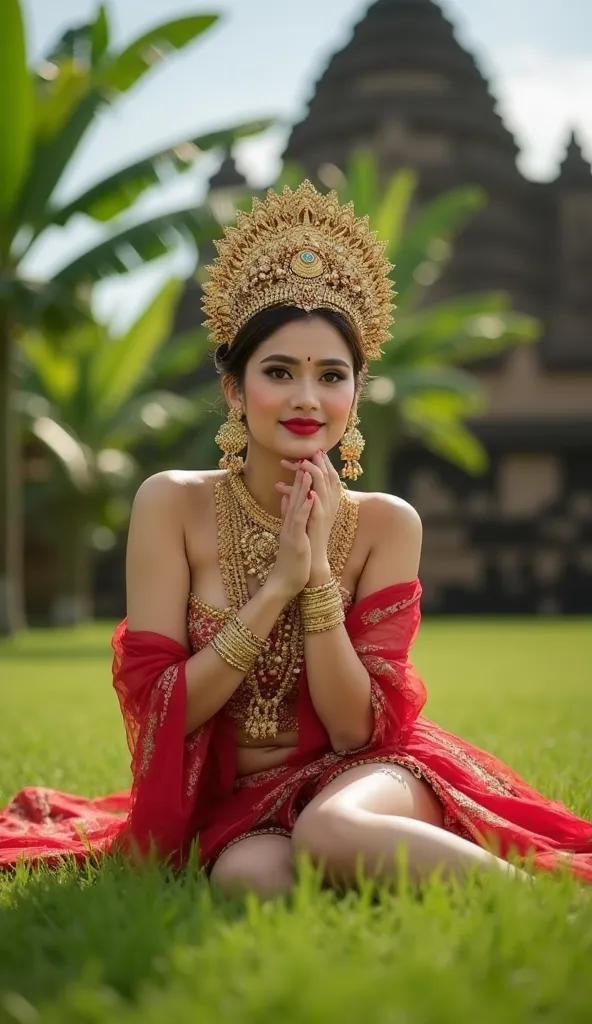 Bad quality. Plump breasts of a beautiful Javanese woman with a typical Minang gold crown, topless, big breast, bright red lipstick. Bright white skin. Lying prone on the grass, hands supporting chin. smile, dimple cheeks, thick eyeliner. Topless dress tra...