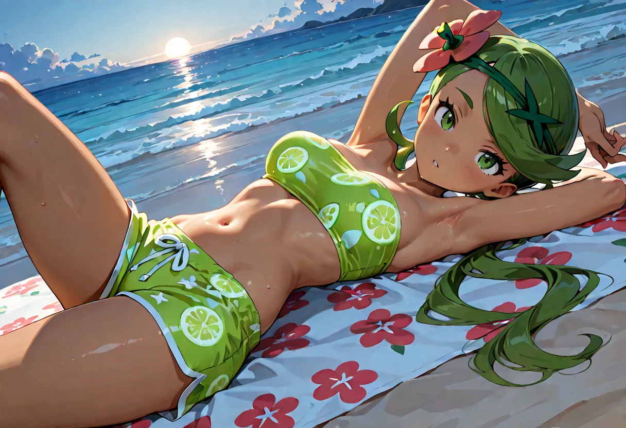 masterpiece, absurdres, amazing quality, best quality, 1girl, Mallow, ((Mallow)), ((Pokemon)), green hair, green eyes, average breasts, slender, laying on beach towel, one arm above head, seductive, lime tube top with red flower pattern, lime shorts with r...