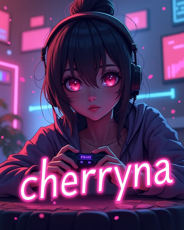 "Cherryna" logo in the bottom with dark purple and pink theme with gamer girl background