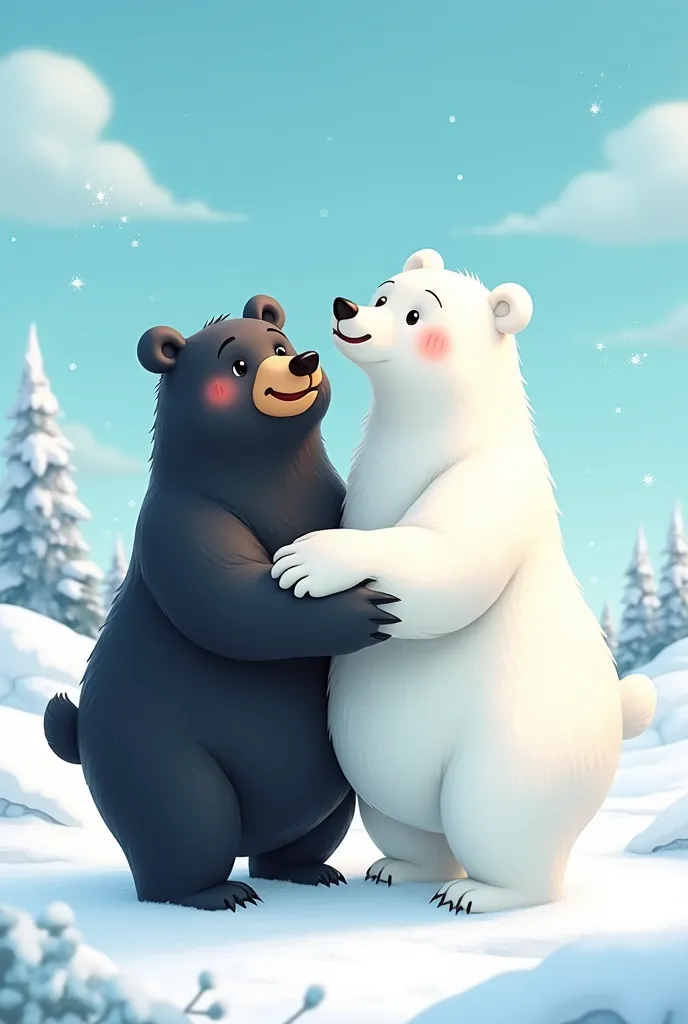 make an cartoon style image of a black bear and a polar bear as friends with