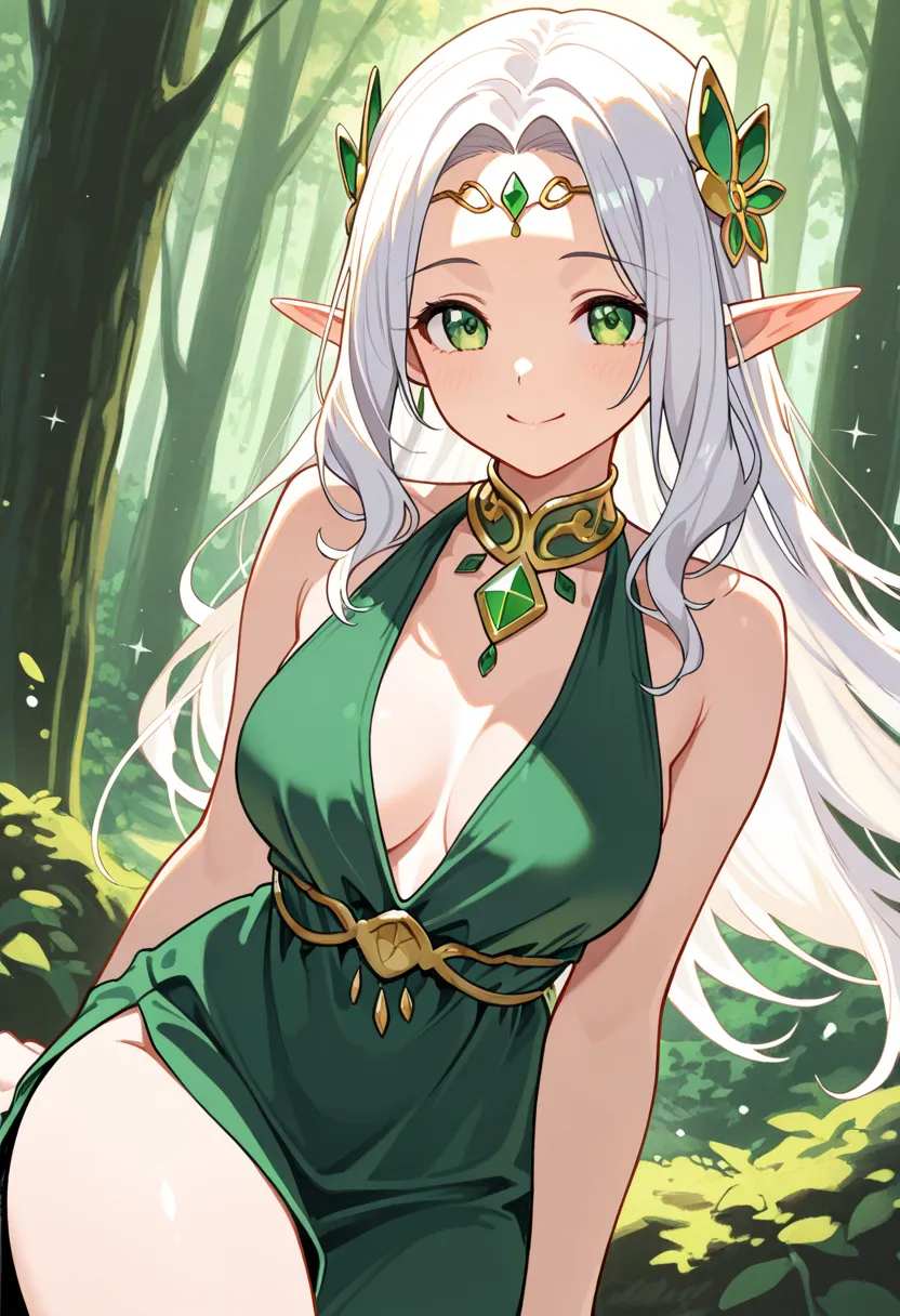 masterpiece, best quality, detailed, natural and simple hand-drawn sketch, a flat, casual design,solo,1 woman, A beautiful and mysterious elf woman, Her long silvery white hair flutters in the wind, and her emerald green eyes sparkle gently. She stands dee...