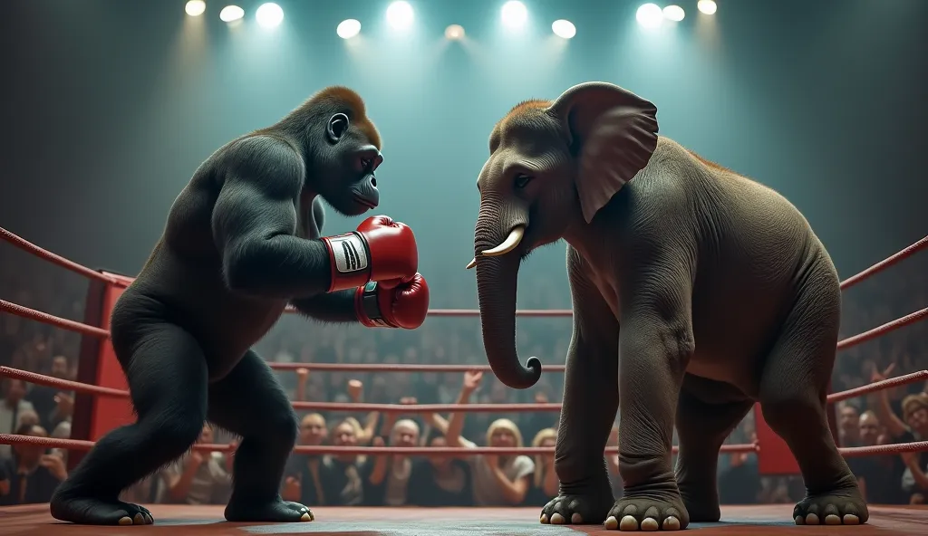 "A gorilla and an elephant in a boxing ring, facing each other. The gorilla is wearing boxing gloves, looking intense and ready to fight, while the elephant has its trunks raised like it’s preparing for a punch. The boxing ring is surrounded by a cheering ...