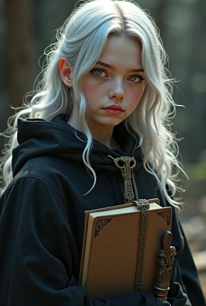 fair skin, long wavy silver hair with golden reflections, intense gray eyes that seem to observe and analyze everything around carrying a notebook and a dagger with ancient runes 