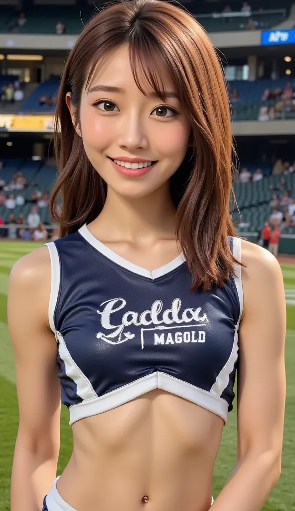 navy blue and white cheerleader costume, Decisive Pose,  baseball stadium, High Resolution, Extremely Detailed Expression, realistic, HDR, UHD, Studio Lighting, vivid colors, Bokeh,  detailed expressions , Dynamic Posture, cheerleader with radiant skin, En...