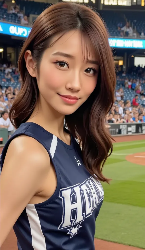 navy blue and white cheerleader costume, Decisive Pose,  baseball stadium, High Resolution, Extremely Detailed Expression, realistic, HDR, UHD, Studio Lighting, vivid colors, Bokeh,  detailed expressions , Dynamic Posture, cheerleader with radiant skin, En...