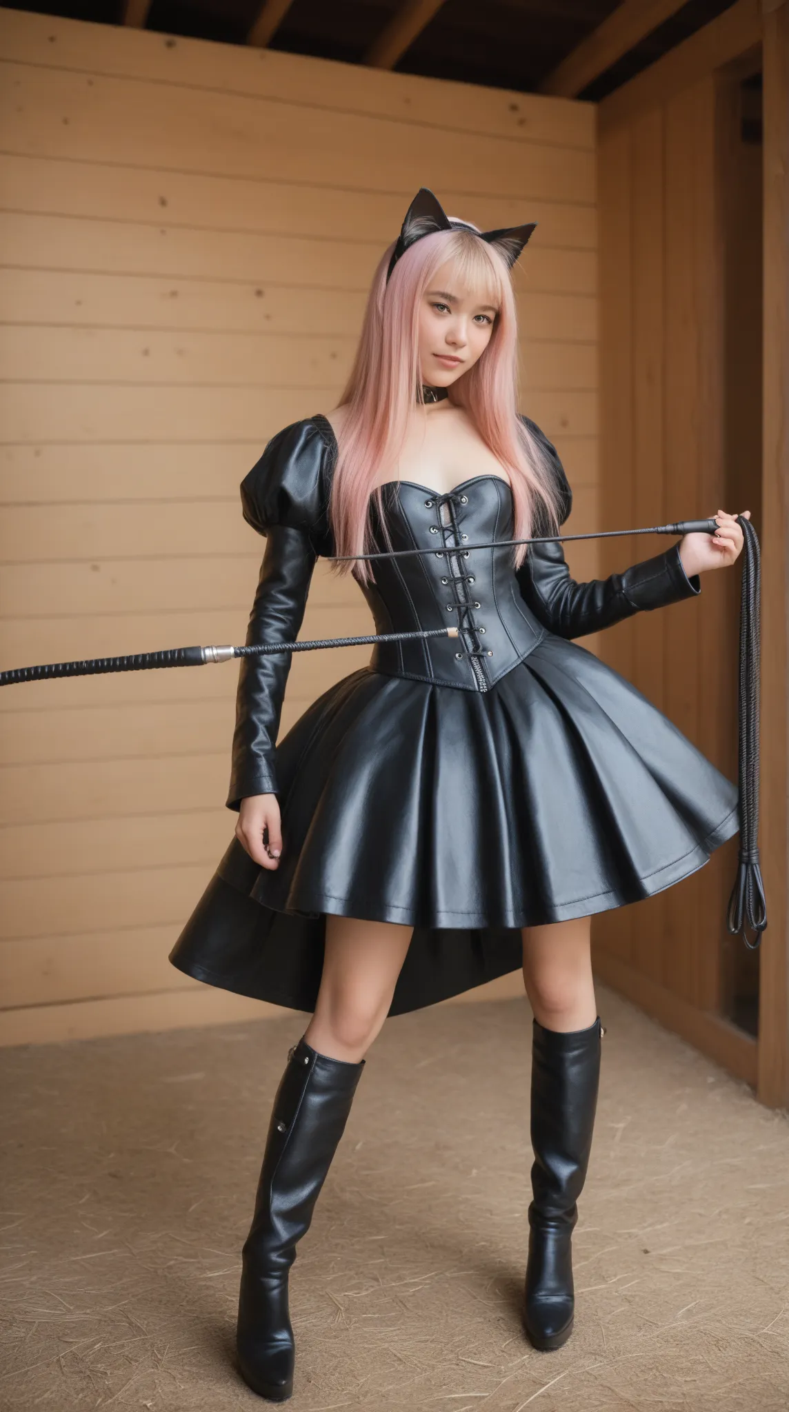 woman,  slim, pink hair, Leather Faltencoat,  straight long hair , small breasts,  zopf , cat ears, masterpiece , anatomically correct , UHD, super detailed, Head overknees, long leather arm warmers , leader Corset , View creator, hut, Standing hut      , ...