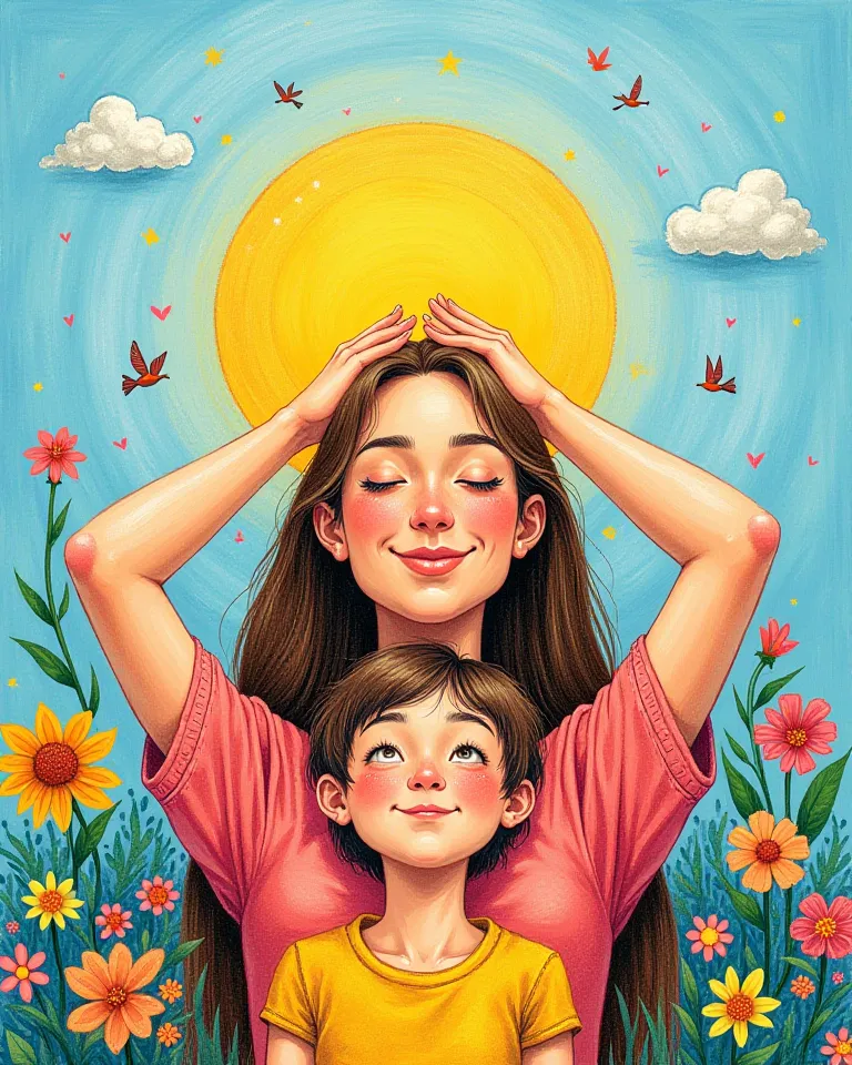 Design of a woman with straight and long brown hair, eyes closed, smiling, arms raised toward the sky. a boy, Minor, smiling, eyes closed, arms raised to the sky. Backyard environment, colorful flowers and some flying birds. Very yellow sun and clear blue ...