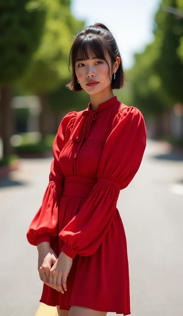 "A (full body view )stunning spanish model with sleek, straight short hair held back like a ponytail, and freckles standing confidently on an empty street. She wears an ethereal red mini dress with billowing pleats and voluminous balloon sleeves. The dress...