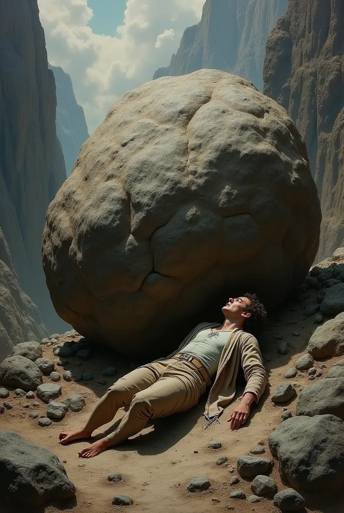 Adam Mickiewicz lying on the ground, crushed by a boulder 