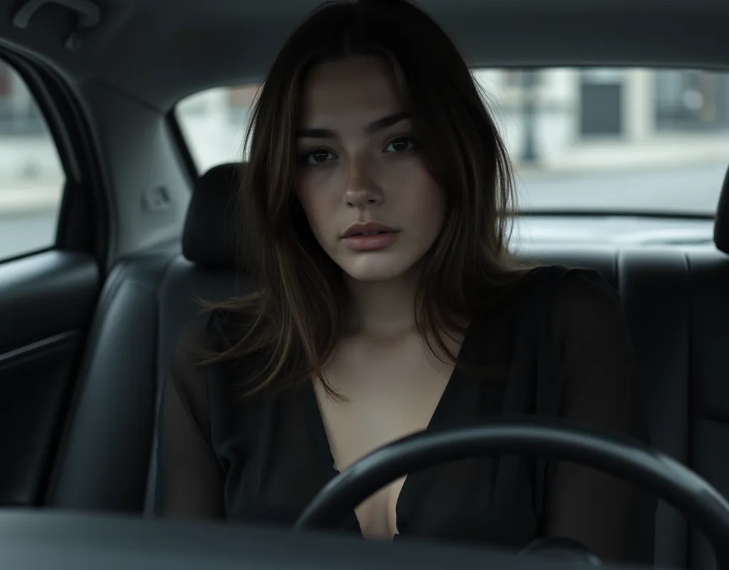 woman focus, gray street,daylight , black dress, Loose hair, female focus, woman in car