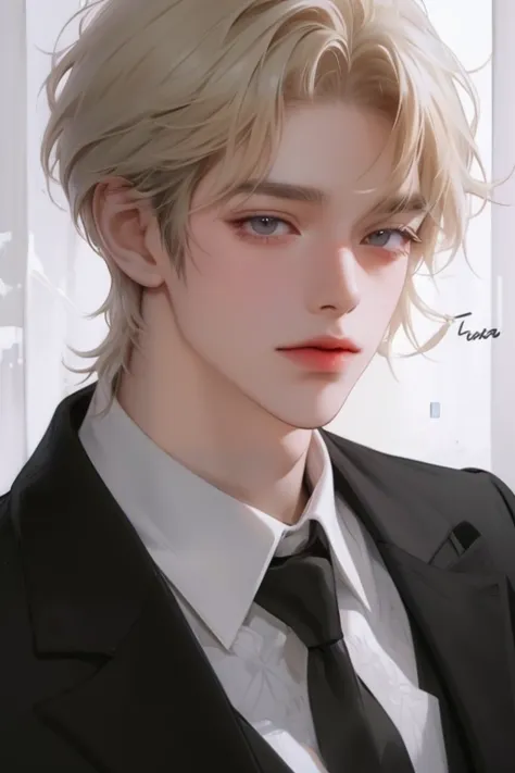 Masterpiece, best quality,(artist) very detailed, 1man platinum blond hair, red eyes, wearing a nice suit. A handsome male.  dynamic pose, short bang hair, manly, man. face close up