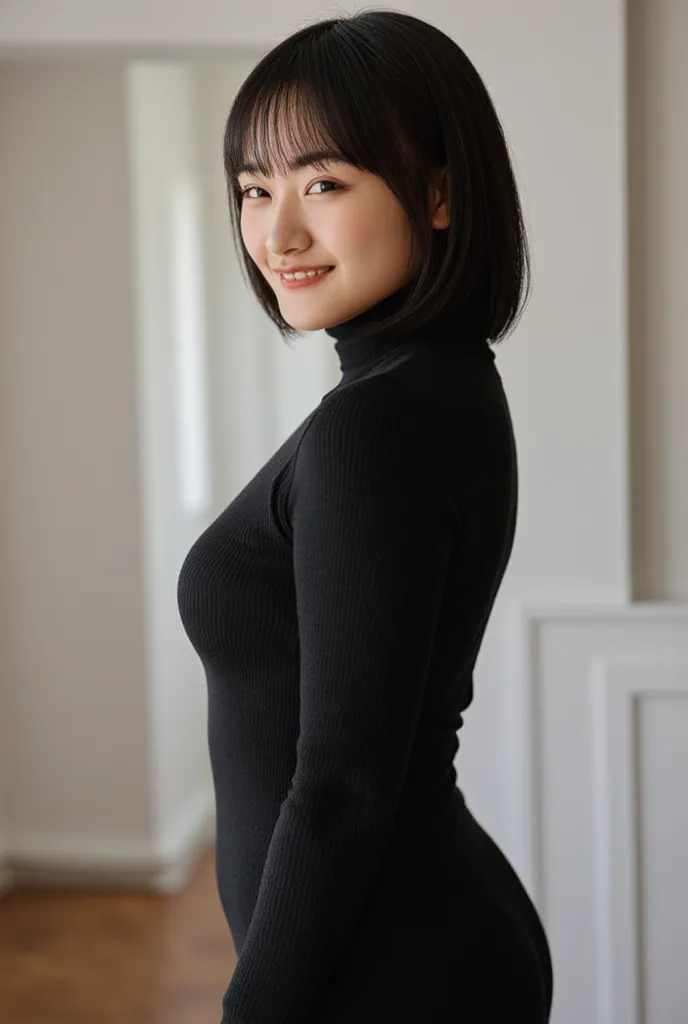 turtleneck, turns her gaze, High Resolution, high detail, big breasts, standing up picture, smiles, bob hair, 