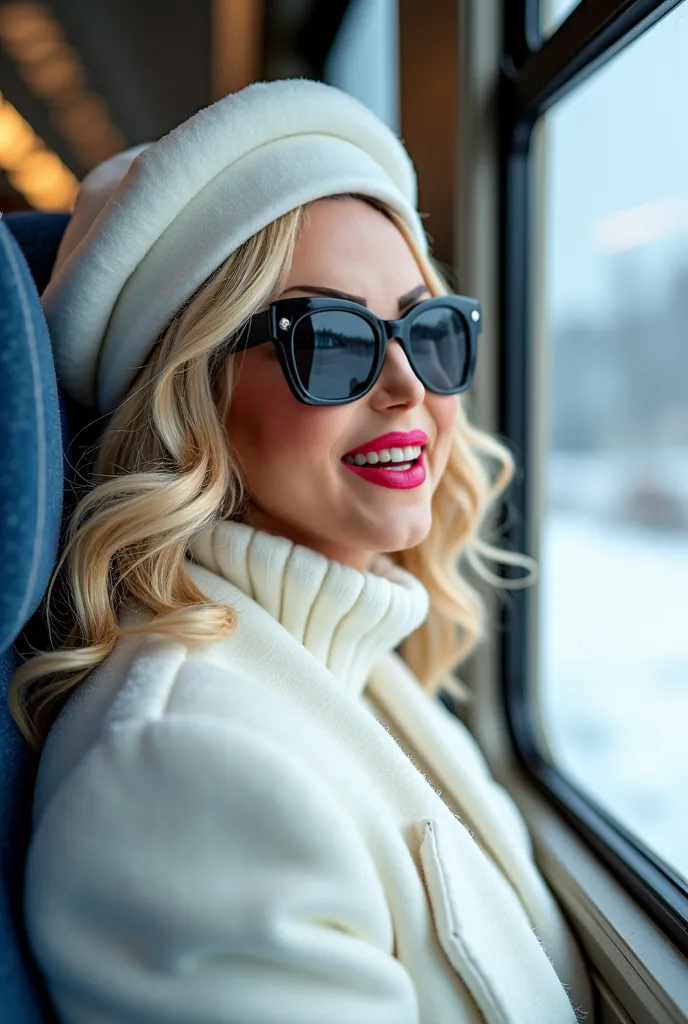  A woman with long blonde hair and beautiful makeup ,  Big breasts and hips , wearing a white hat and dark glasses , goes his head out the window of a moving train,  is snowing and her hand is smiling happily wearing a luxurious white coat watching an attr...