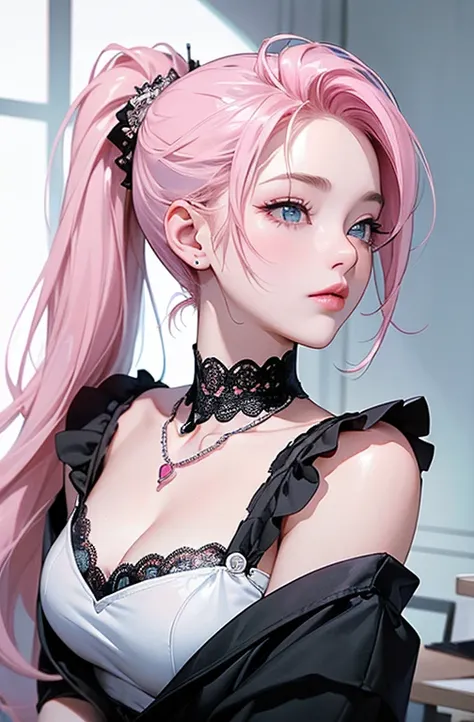 ((masterpiece:1.2)).8k.、  sexy、 Rise of the Center 、  Chainsaw Man's Reise  、beauty、yandere、、It looked like they were brushing、  Kiss with your eyes closed、  chest tattoo、  Christian Dior necklace、(white black)、(Waitress)、((pink hair near MM)).((  looks up...