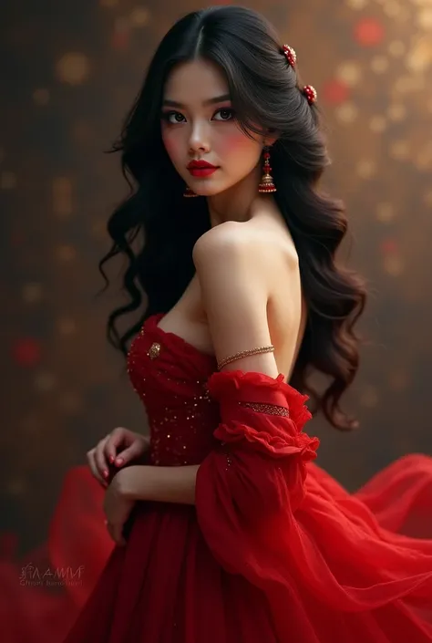 Pretty lady with long, black hair, in a red dress 