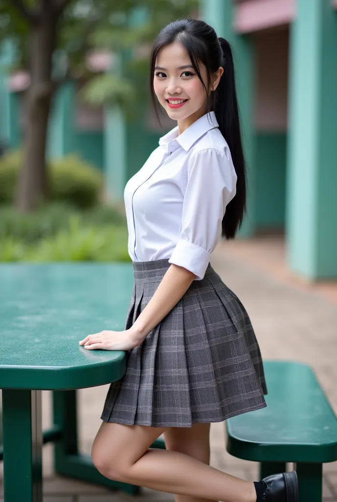 Real photos High-quality Realistic of thai woman, Beautiful girl (((large breast , big breast , nsfw))) , Best Quality, 20 years old thai girl in a school uniform astanding near a green metal table,  She is wearing a white shirt(((large breast , big breast...