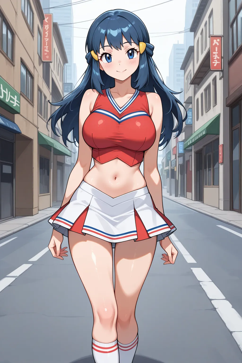 1 girl, solo, female only,
	Dawn \(Pokemon\),
long hair, blue hair, sidelocks,
hair ornament, 
blue eyes,
slim, large breasts, 

Dawn outfit,
cheerleader outfit, 
sleeveless shirt, red shirt, blue and whte motif, 
multicolored skirt, white and red skirt,
w...