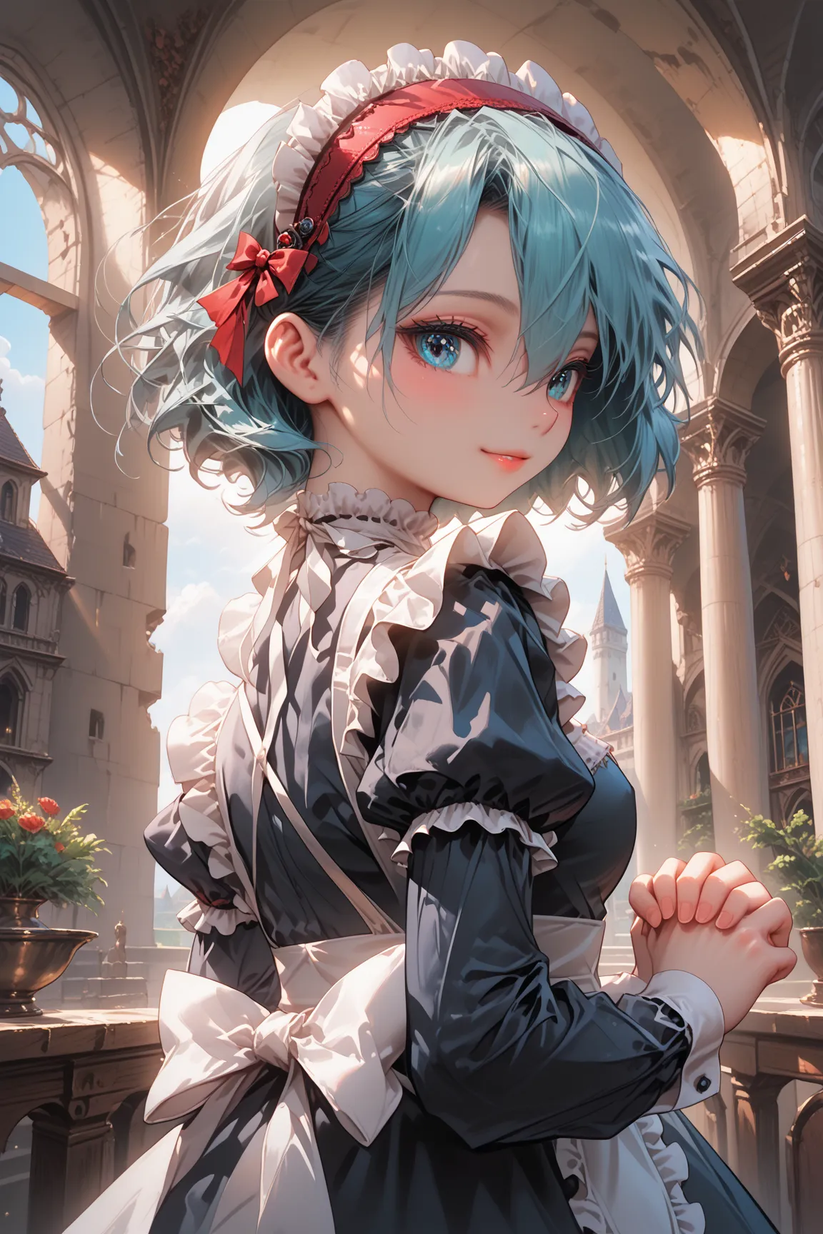 Furry, futanari, masterpiece,best quality,Anime-Series,(2D:1.2),in the house, ,   1 girl, roswaal mansion  maid  uniform, Alone,  maid ,  cyan blue eyes ,  short hair ,Arch hairband, hair between eyes, severed sleeves, looking at the viewer, red headband,B...