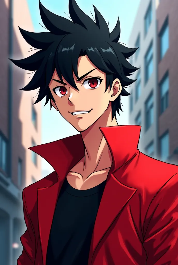  Male anime character , black hair , modern red clothing ,  20 years old ,  Mocking attitude 