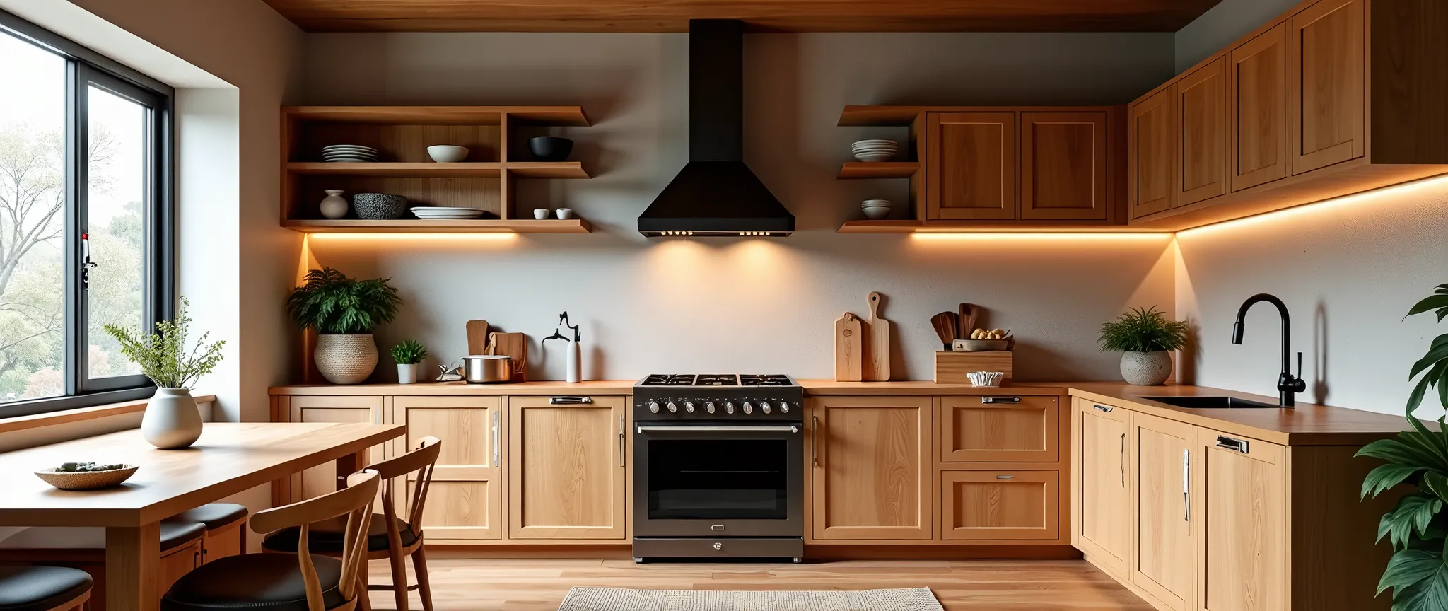 Image Description Of a three-family cottage system in a modern yet traditional kitchen with wooden furniture and warm lighting