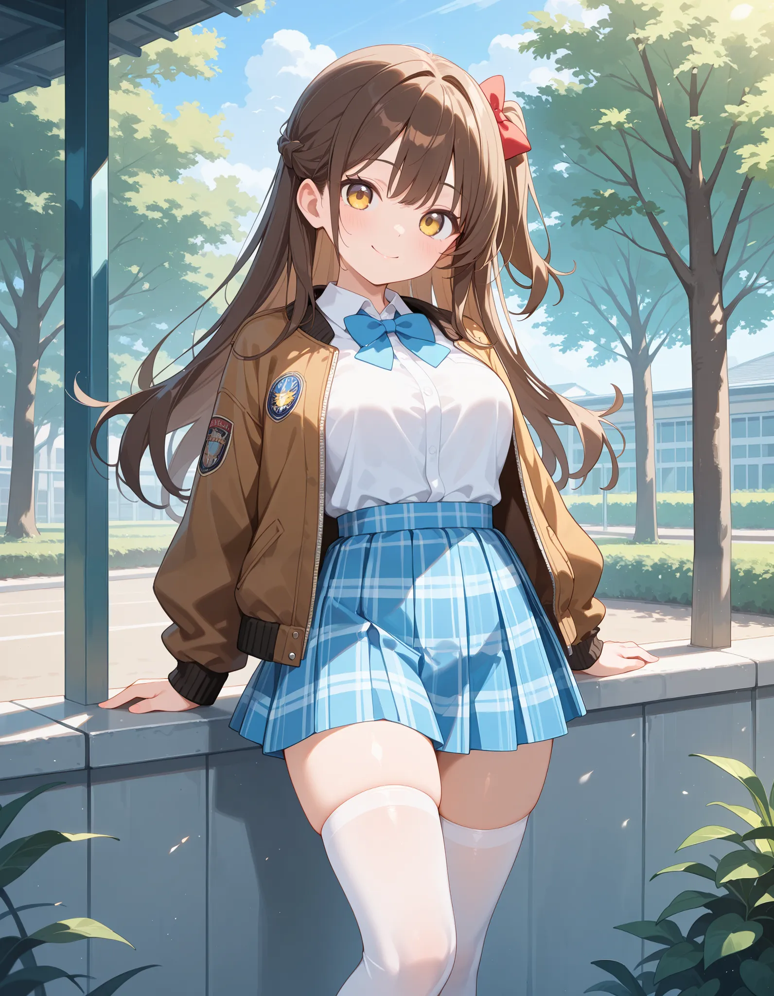 masterpiece, best quality, highres, 1girl, long hair, one side up, solo, ponytail, hair bow, medium breasts, tall body ,brown hair, yellow eyes, white collared shirt, wearing baseball jacket, bomber jacket, opened jacket, blue bowtie, plaid skirt, blue ski...