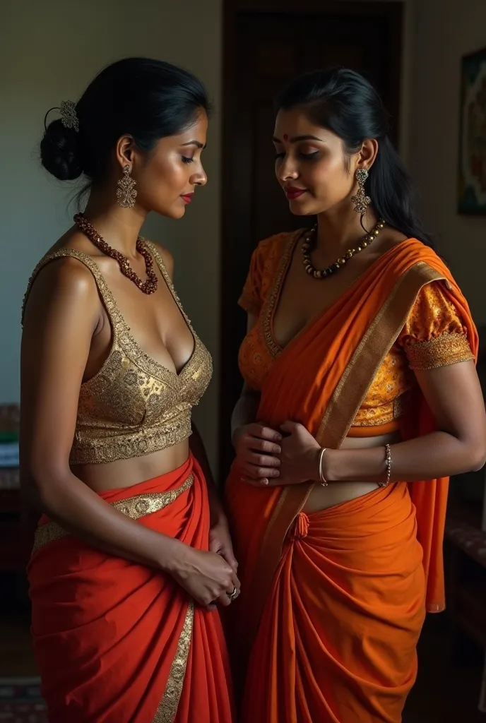 Two traditional Indian middle age women, half naked, milf, in blouse and saree, indoor, she is undressing herself, she is trying to undress her blouse, wet blouse, transparent blouse, black nipple visible, her hands at her blouse, big  inside blouse, deep ...