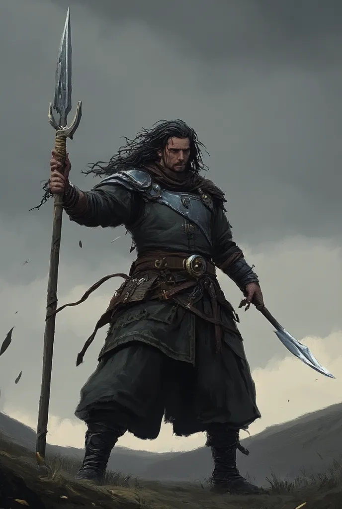 Man in simple medieval clothing using a large silver spear, long black hair