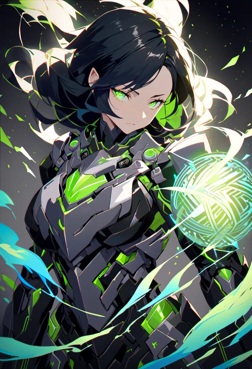 The anime image of a young, likely Asian woman is depicted from the mid-chest up. She is wearing a futuristic, dark, almost black armored suit. The suit incorporates metallic geometric patterns with bright green accents. A bright green mask covers her mout...