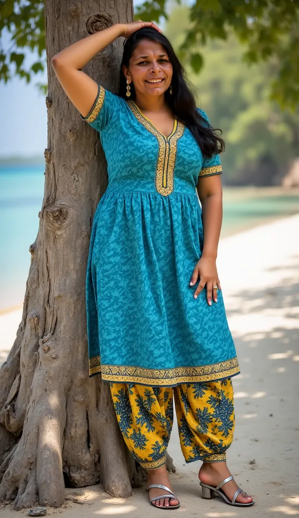 45 aged indian house maid ,plus size body, fair skin tone, happy and smile face,gray and black hair colour, low bun hair syle,posing in a beech.  She wears a vibrant ceruleen blue printed sleevless short strap kurta,gold-colored decorative borded,deep dark...