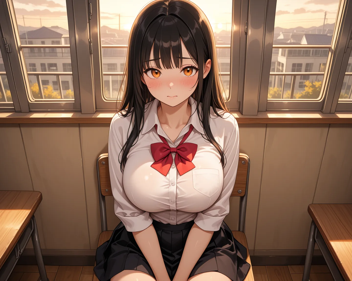 (((solo))), The window seat in the classroom and the back seat, Point of view from the side, The seat next to me, sitting on wooden chair, taking a class, wooden table, very cute face, cute girl, long hair, black hair, bangs, orange eyes, blush, large brea...