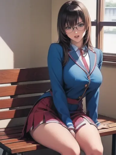      an asian blue-skinned woman in uniform posing on a bench,     Japanese High School Girls Uniforms ,  Japanese Language School Uniforms,  Japanese Language School Uniformsを着ている,        the principal is wearing a uniform        , overtake　Comics about h...