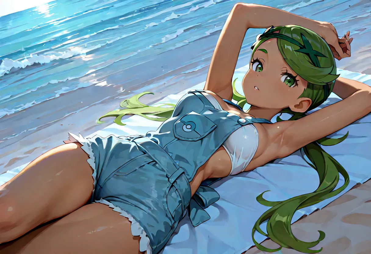 masterpiece, absurdres, amazing quality, best quality, 1girl, Mallow, ((Mallow)), ((Pokemon)), green hair, green eyes, average breasts, slender, laying on beach towel, one arm above head, seductive, light red strapless top, denim dungarees, beach, high qua...