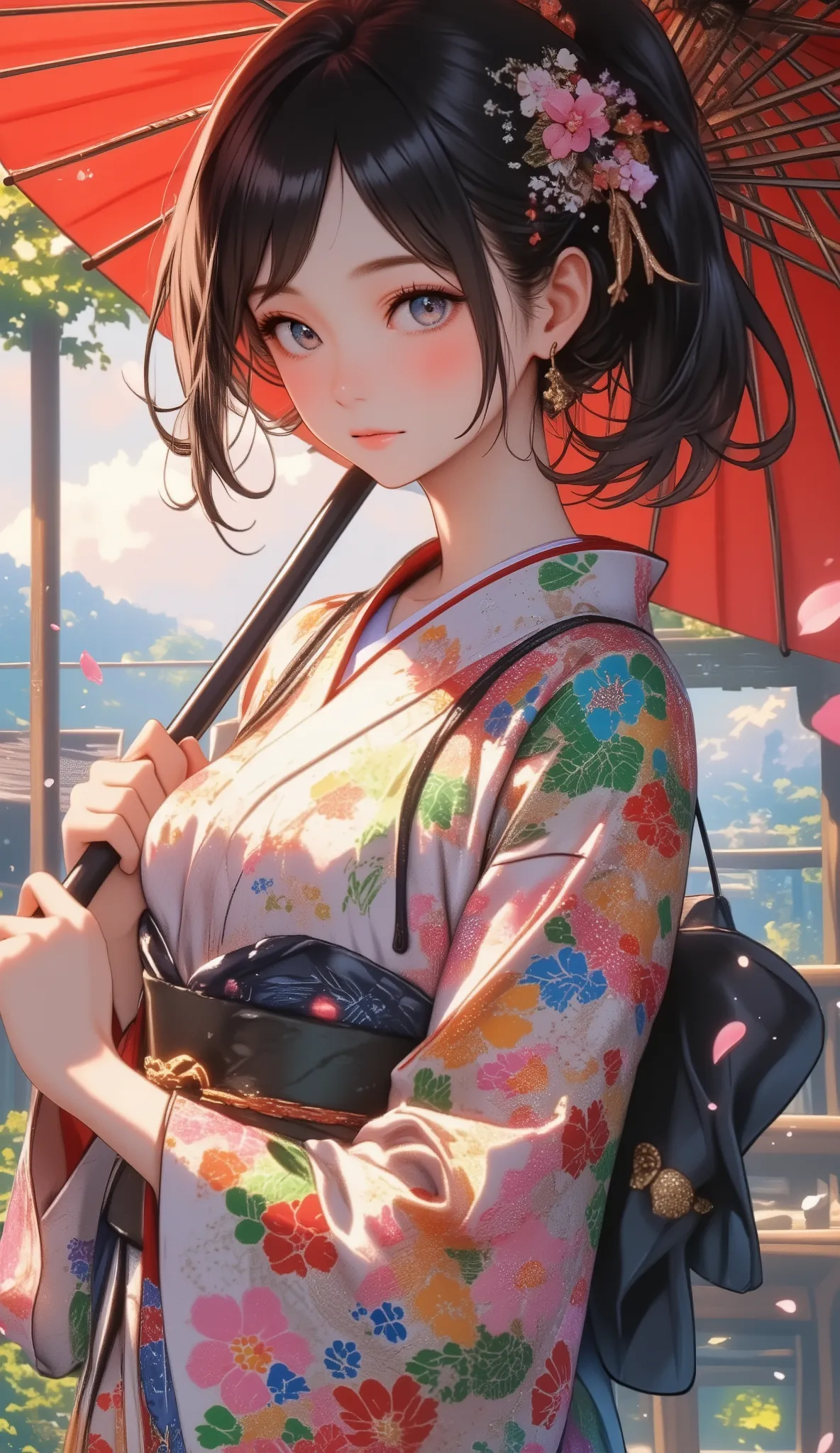 Woman holding a Japanese umbrella , Nishijin Textile Kimono  , Japanese painting style, beautiful anime style portrait, Extra ,  detailed portraits of anime girls  ,  Beautiful Anime Portrait ,  beautiful anime women , digital Animation illustration,  Anim...