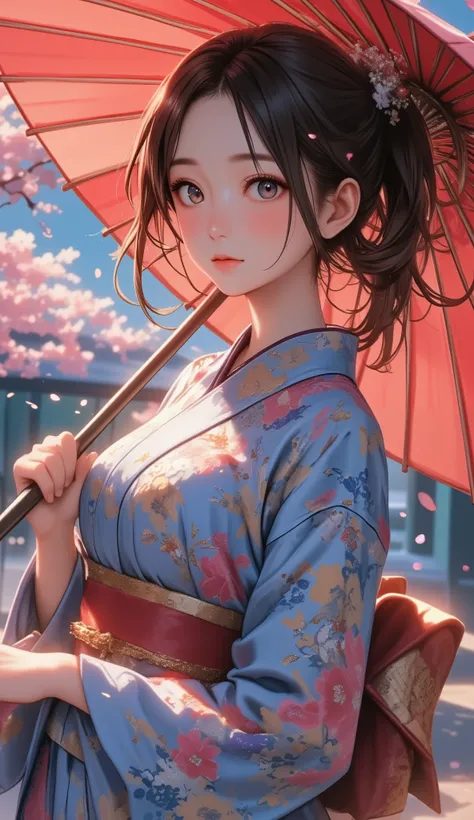 Woman holding a Japanese umbrella , Nishijin Textile Kimono , Japanese painting style, beautiful anime style portrait, Extra , detailed portraits of anime girls , Beautiful Anime Portrait , beautiful anime women , digital Animation illustration, Anim...