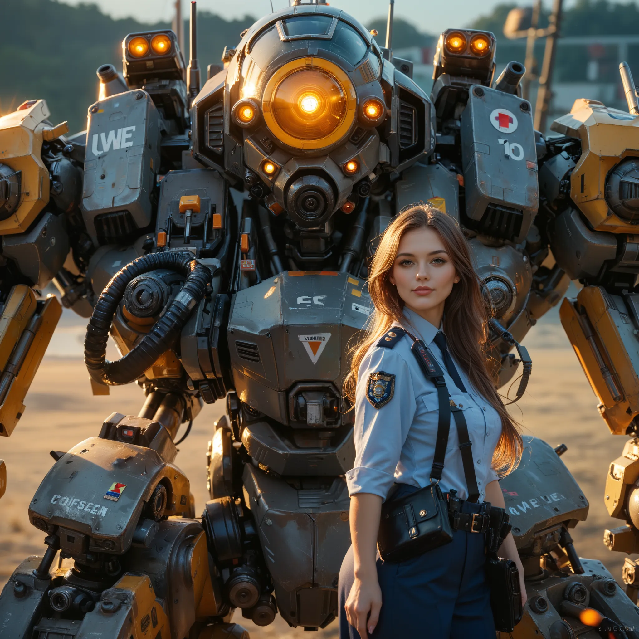 a woman wearing officer uniform and suspender standing in front of a weathered and camouflaged battle robot mecha. Evening sun shines from the side. Hyper realistic portrait