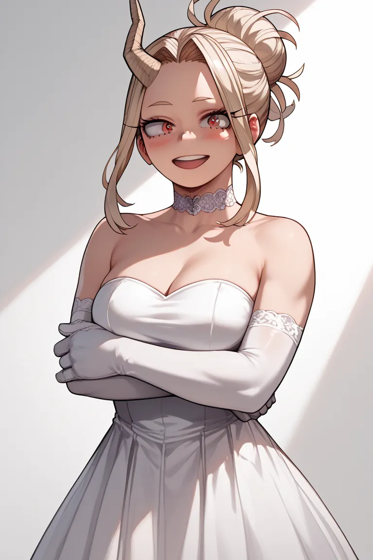 (best quality, 8k, beautiful, 1girl, eri_(boku_no_hero_academia), My_Hero_Academia, aged up, red eyes, white choker, white dress, strapless dress, elbow gloves, white gloves, gloves, smiling, blushing, hair bun, looking at viewer, breasts, horns, single ho...