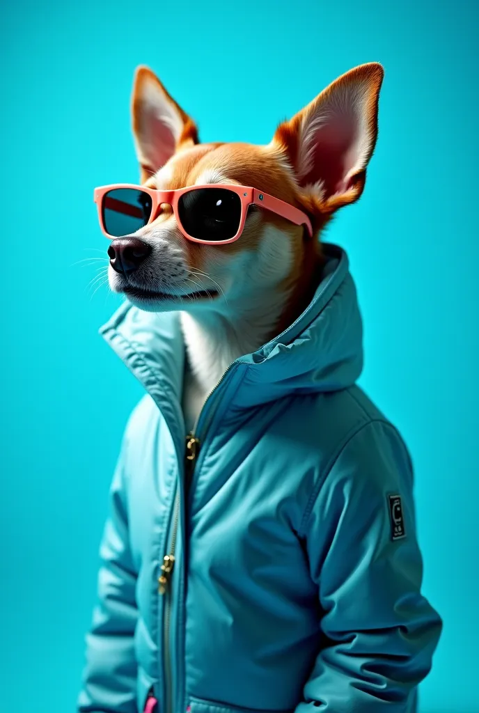 The best wallpaper for mobile,  award-winning wallpaper , portrait photograph, in the front view is a portrait of a cute dog wearing space age fashion from the mid-60s, side photo, taken with Canon EOS R5, background defines a strong contrast that accentua...