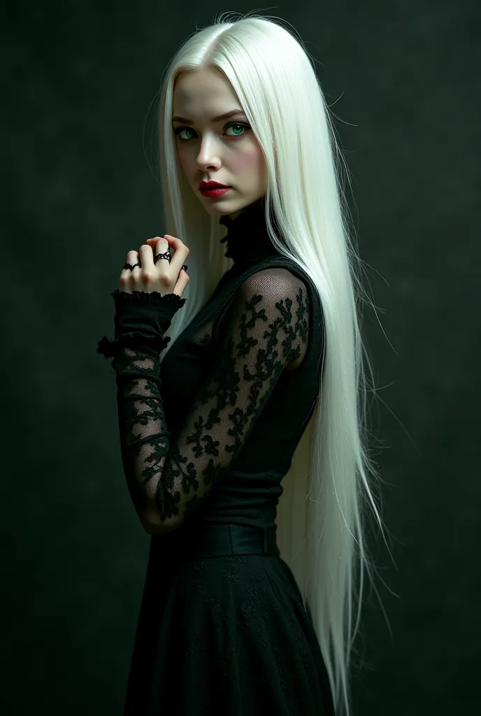 portray a tall slim girl in a gothic dress. her hands are locked, head proudly raised , she has white long straight hair and green eyes. a grin and a cunning look on her face. 