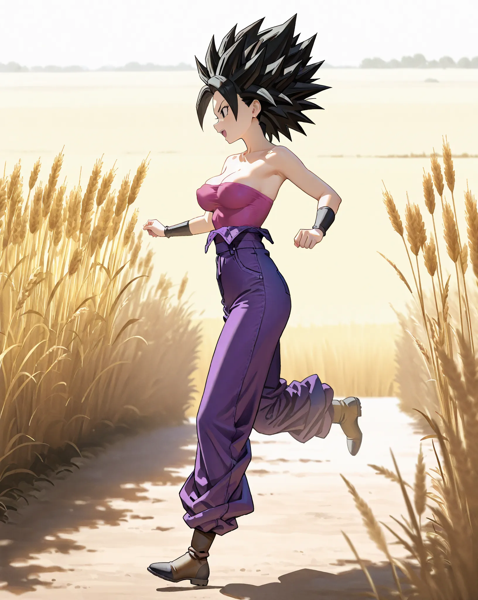  1girl , caulifla, spiked hair, black hair, black eyes,  without pupils, Medium breasts,  pointy breasts, wearing a sexy and provocative loose denim jumpsuit. 
She's running in the middle of a wheat field.
expression of pleasure, excited. 
full body. 
Scen...