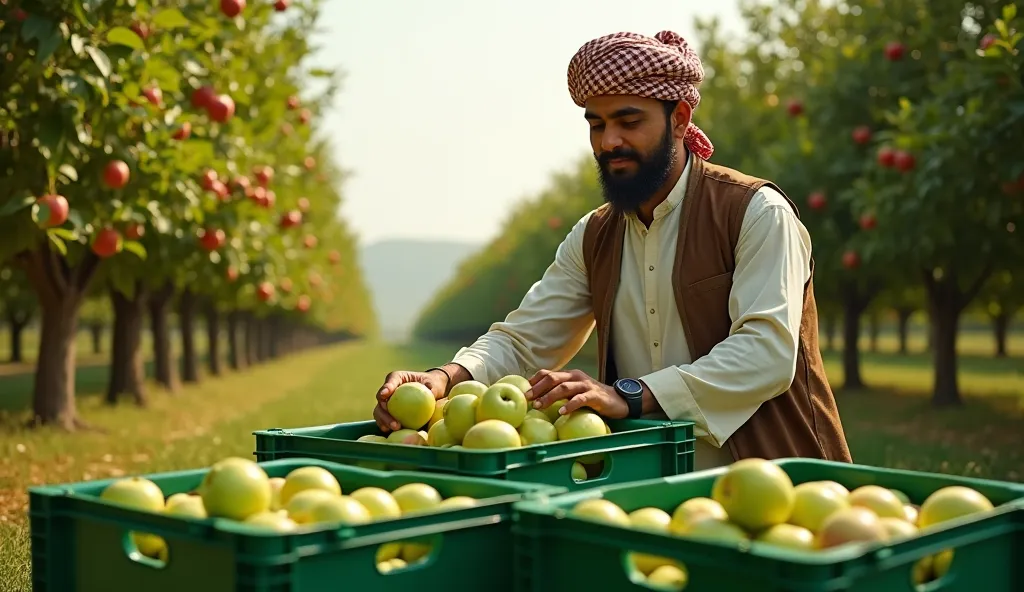 Create a realistic mage of a lot of apple trees. A pakistani man wearing shalwar kameez packing green crates of apples