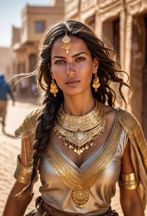 8k wallpaper, a beautiful adventurer woman wearing gold jewelry in the streets of a city in the Western Sahara, intricate detail, fluid motion, stunning shading