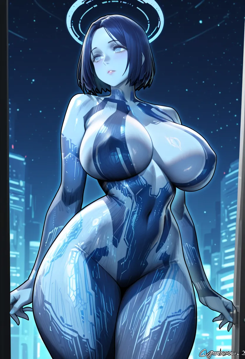 Gorgeous woman, Cortana (halo ), large thighs, huge breasts, blue skin, solo, narrow waist, 