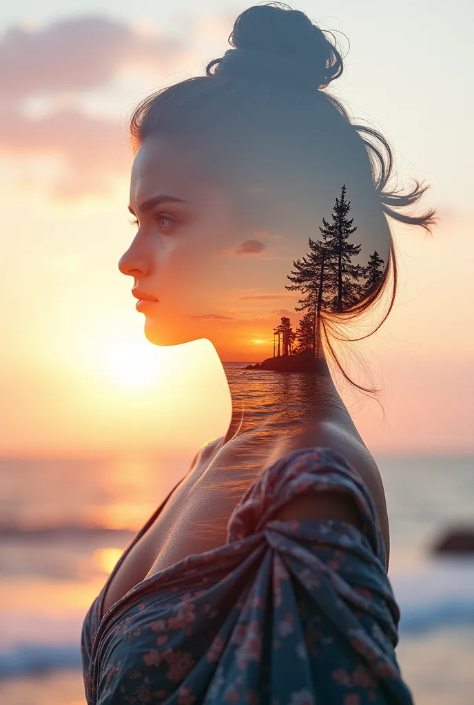 Perfume, high quality, 8K Ultra HD, A beautiful double exposure that combines an goddess silhouette with sunset coast, sunset coast should serve as the underlying backdrop, with its details incorporated into the goddess , crisp lines, The background is mon...