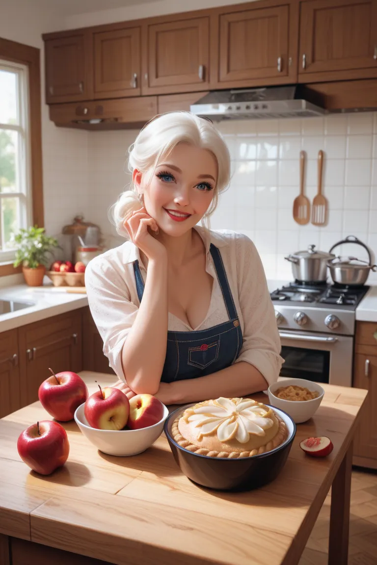 SnowWhiteXL,, big boobs, in a kitchen, making an apple pie on a wooden table,  kitchen bottom 