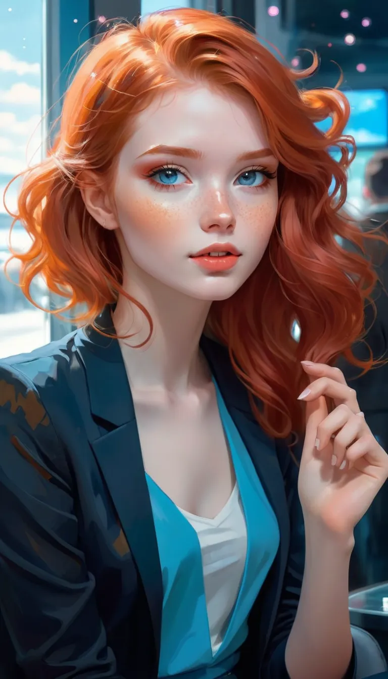 telegenic 20 years old young woman, by Posuka Demizu and Peter Wileman, sparkling eyes, blush, redhead,