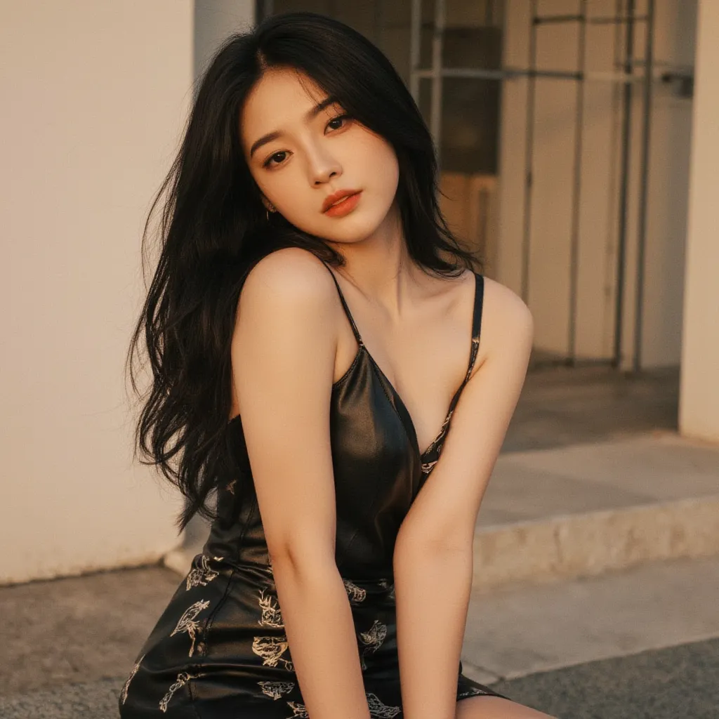 (full body shot:1) A young woman poses outside,exuding elegance and confidence. She is hot in her leather dress,sexy body,intricate cartoon patterns but no bra. . Her long black hair flows over introspective expression, creating a relaxed yet graceful pose...