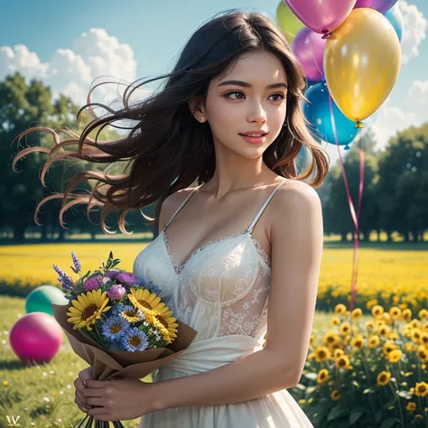 (Realistic), (Face perfect) A joyful girl holding a bouquet of vibrant flowers dances gracefully in a sunlit meadow, surrounded by colorful balloons floating in the sky. Her expression radiates pure happiness, her eyes sparkling with delight as she moves w...