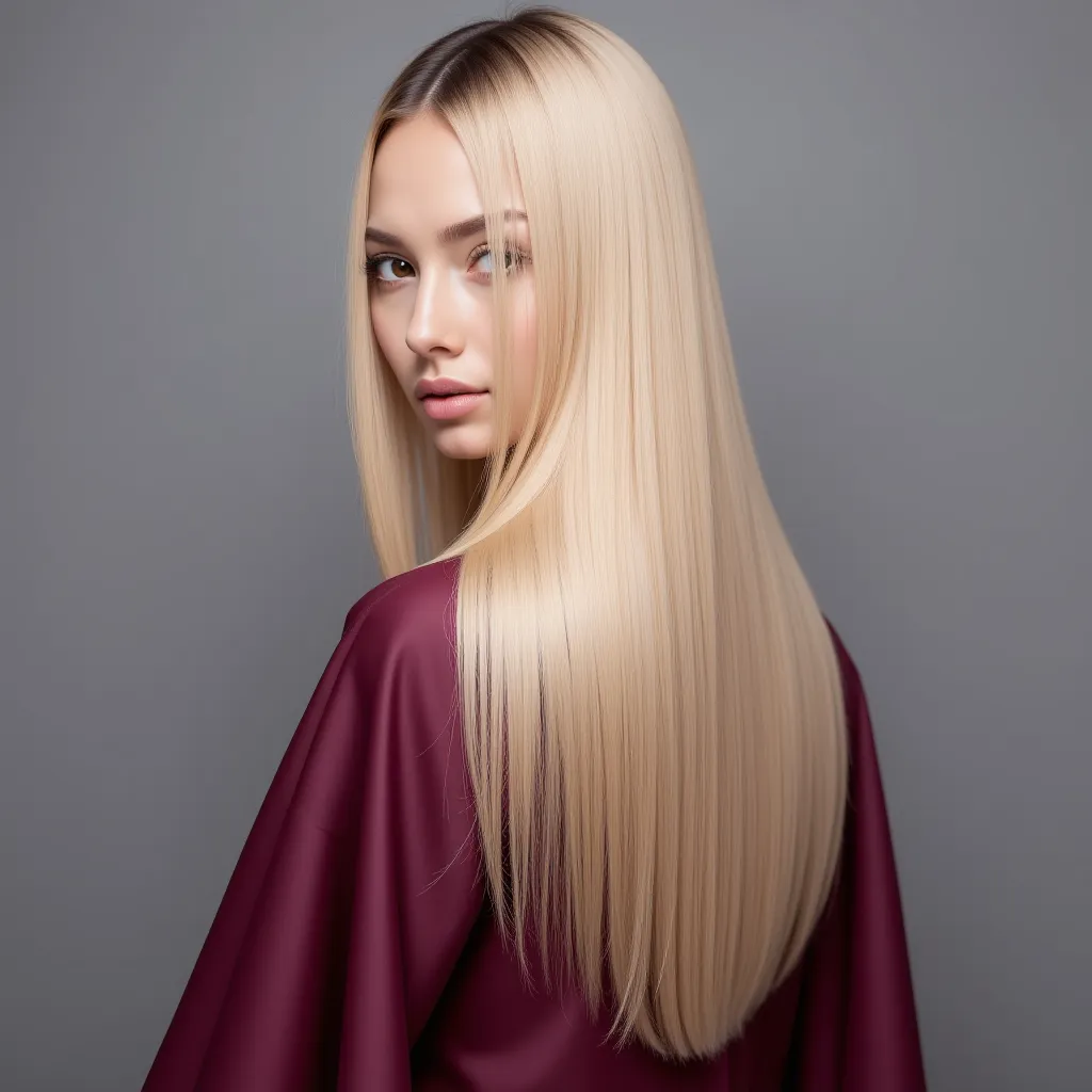 High quality close-up shot of long, perfectly straight, silky and smooth hair, freshly styled. The hair is natural blonde with subtle highlights, falling evenly down the back with a neat cut. The subject is wearing a burgundy professional hair styling cape...