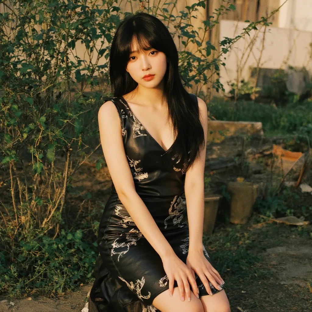 (full body shot:1) A young woman poses outside,exuding elegance and confidence. She is hot in her leather dress,sexy body,intricate cartoon patterns but no bra. . Her long black hair flows over introspective expression, creating a relaxed yet graceful pose...